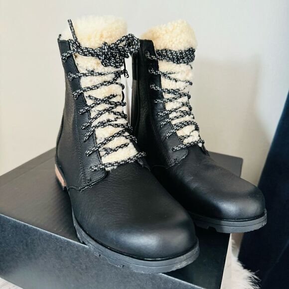 SOREL Emelie Genuine Shearling Lamb Fur Short Lace-Up Boot, Black, Size 8.5, NWT - Picture 8 of 15